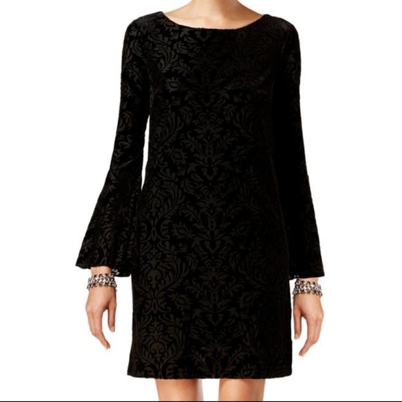 black dress with bell sleeves knee length